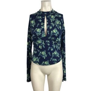 Free People Navy Blue Floral Print Long Sleeve Mock Neck Keyhole Top Size S